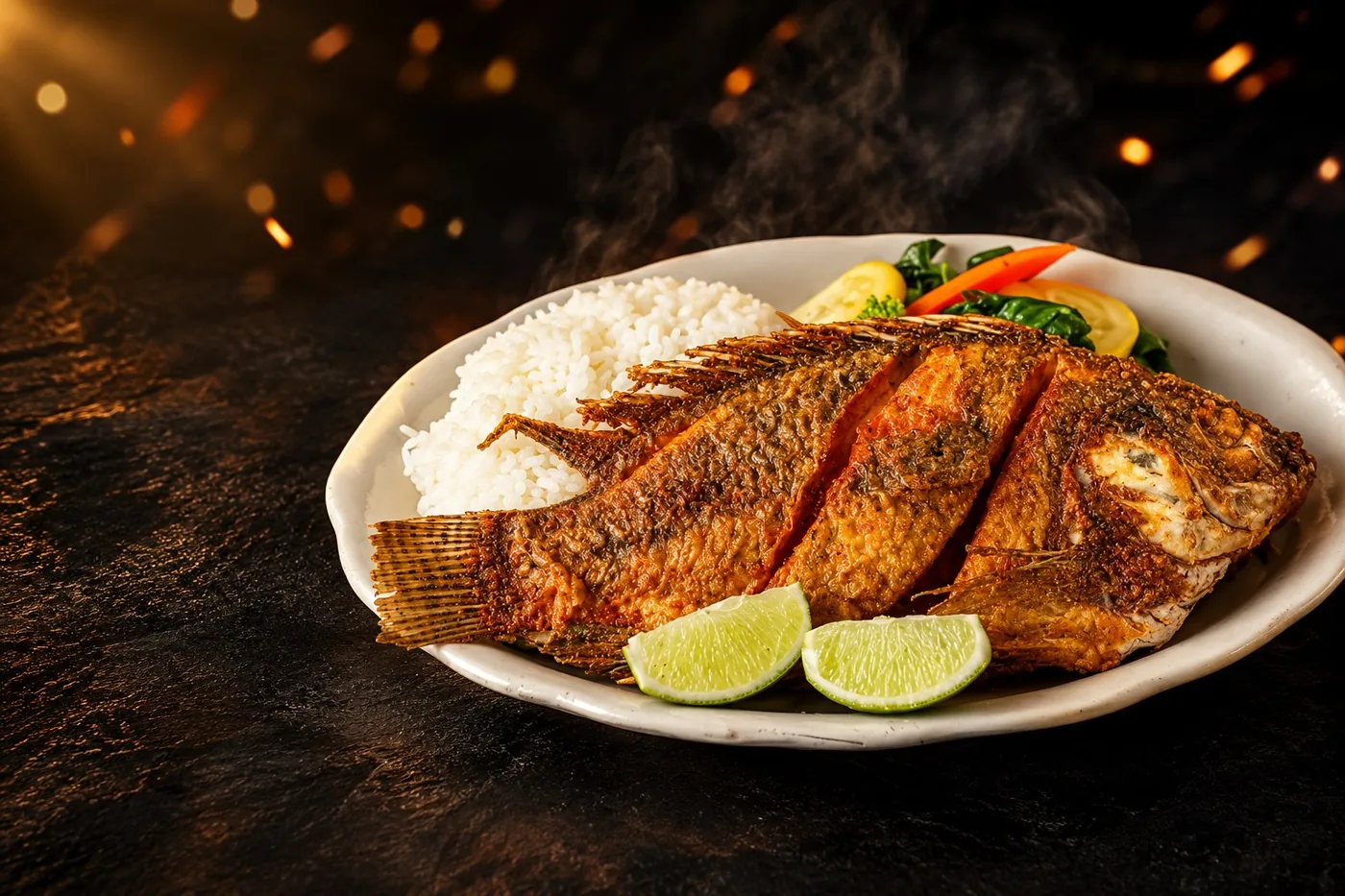Pescado frito con arroz y limón
