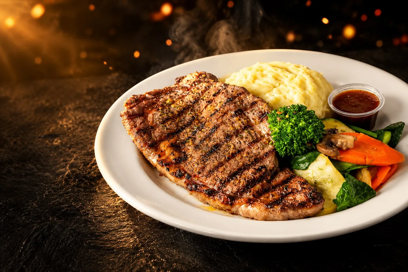 Carne a la parrilla con puré y vegetales