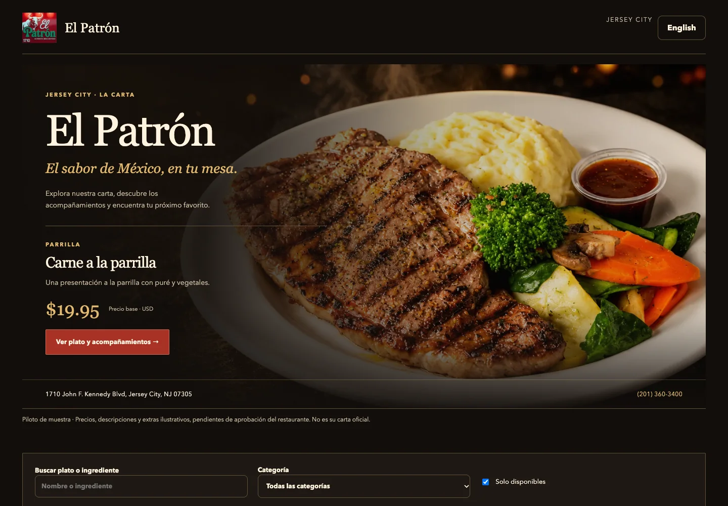 Web del restaurante El Patrón