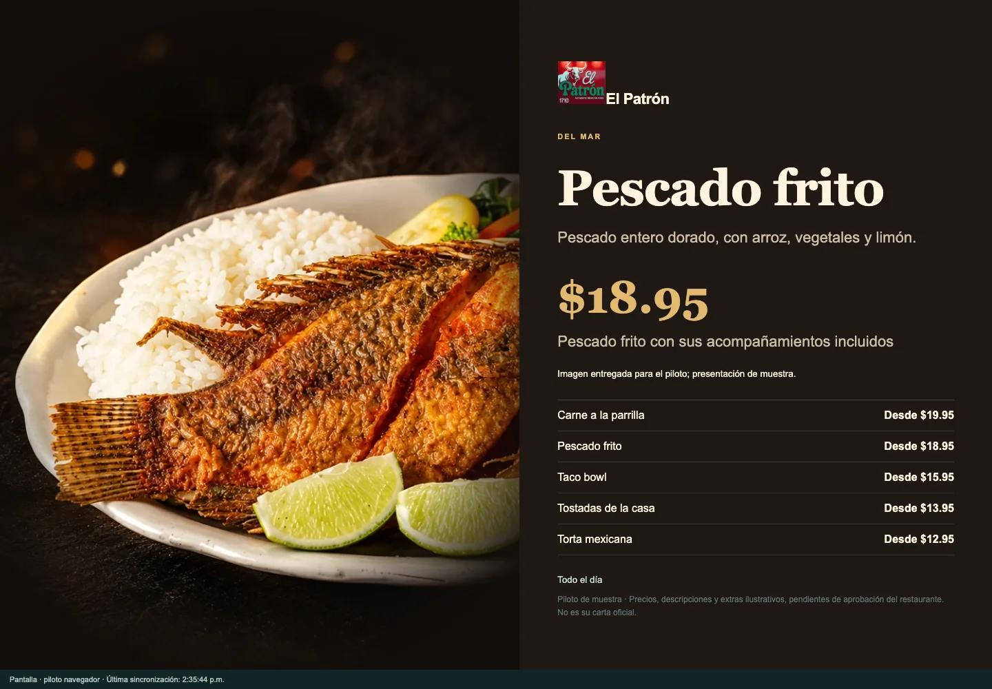 Pantalla del local mostrando un plato